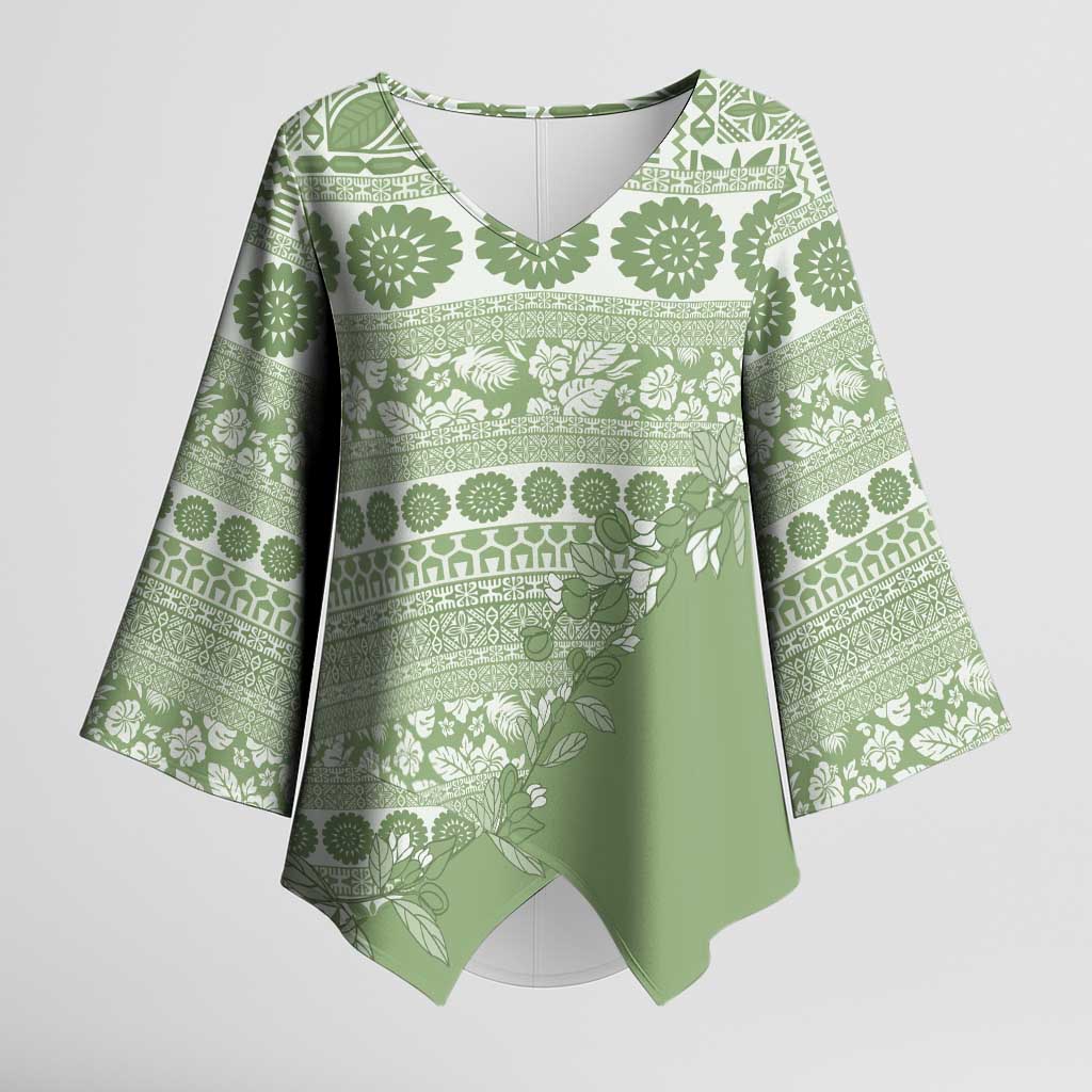 Fiji Marau na Kerisimasi Kimono Sleeve Blouse Sage Green Tagimoucia Tapa Masi Tribal LT9 Female Green - Polynesian Pride