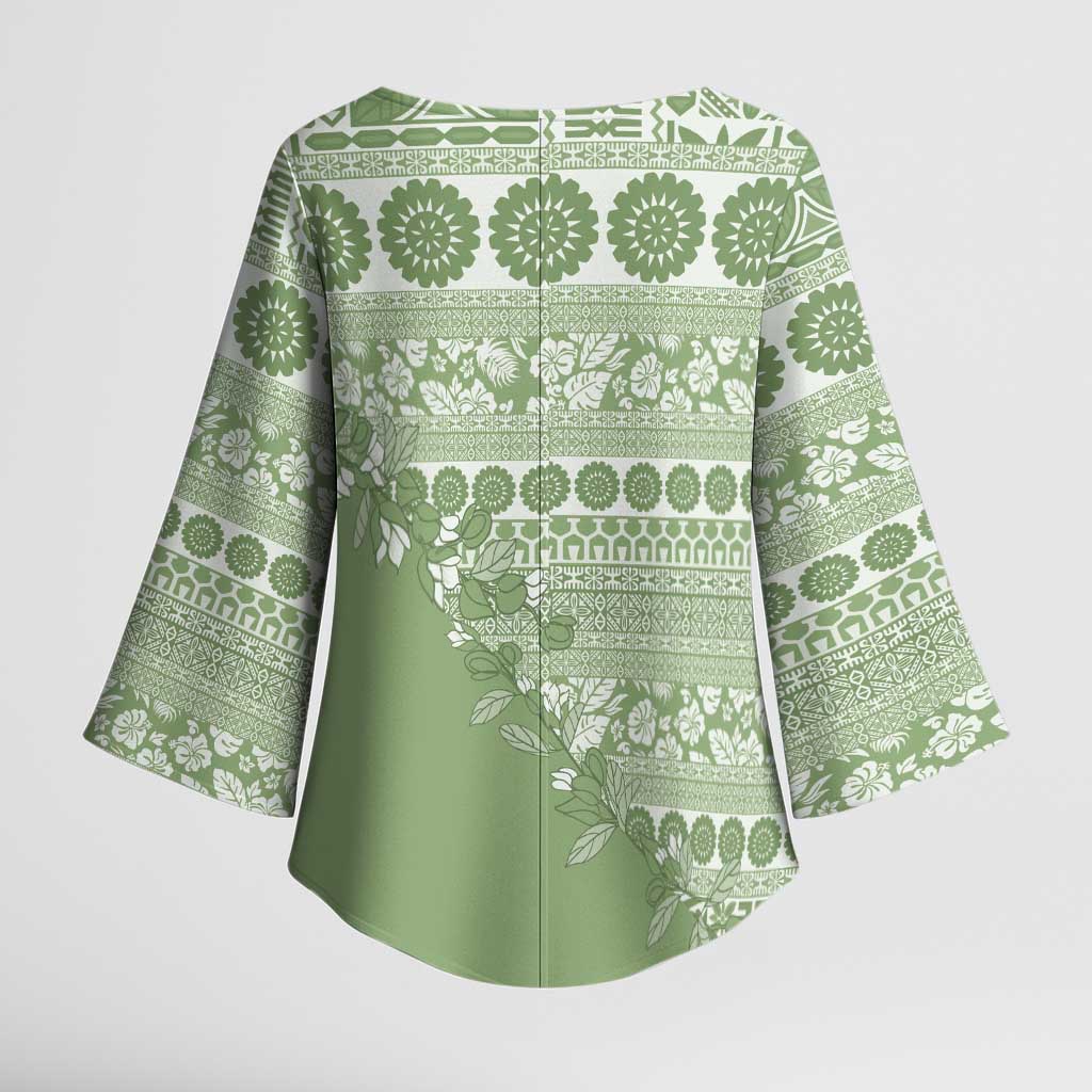 Fiji Marau na Kerisimasi Kimono Sleeve Blouse Sage Green Tagimoucia Tapa Masi Tribal LT9 - Polynesian Pride