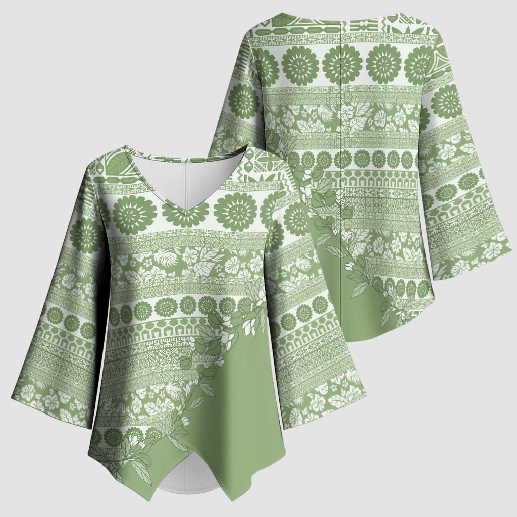 Fiji Marau na Kerisimasi Kimono Sleeve Blouse Sage Green Tagimoucia Tapa Masi Tribal LT9 - Polynesian Pride