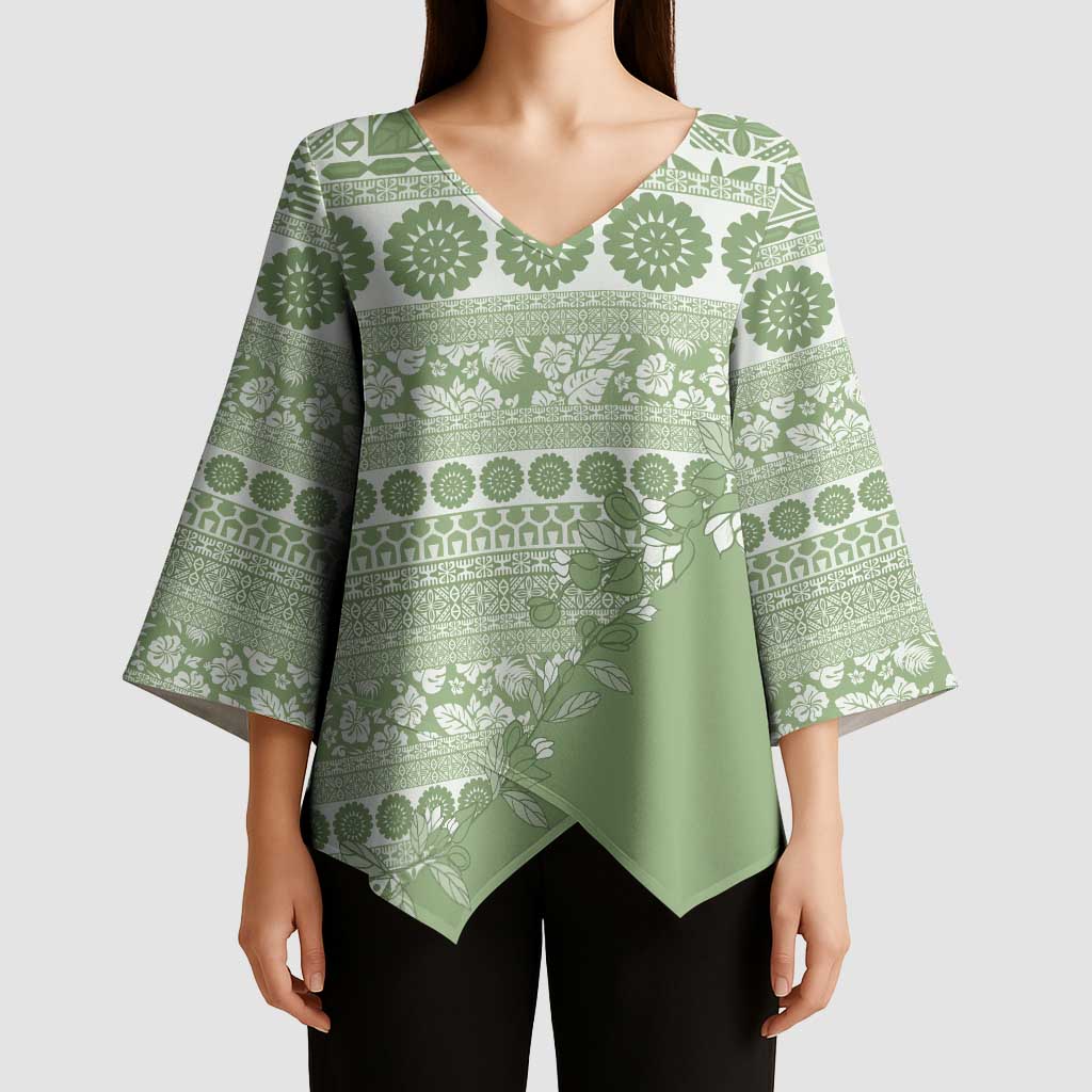 Fiji Marau na Kerisimasi Kimono Sleeve Blouse Sage Green Tagimoucia Tapa Masi Tribal LT9 - Polynesian Pride