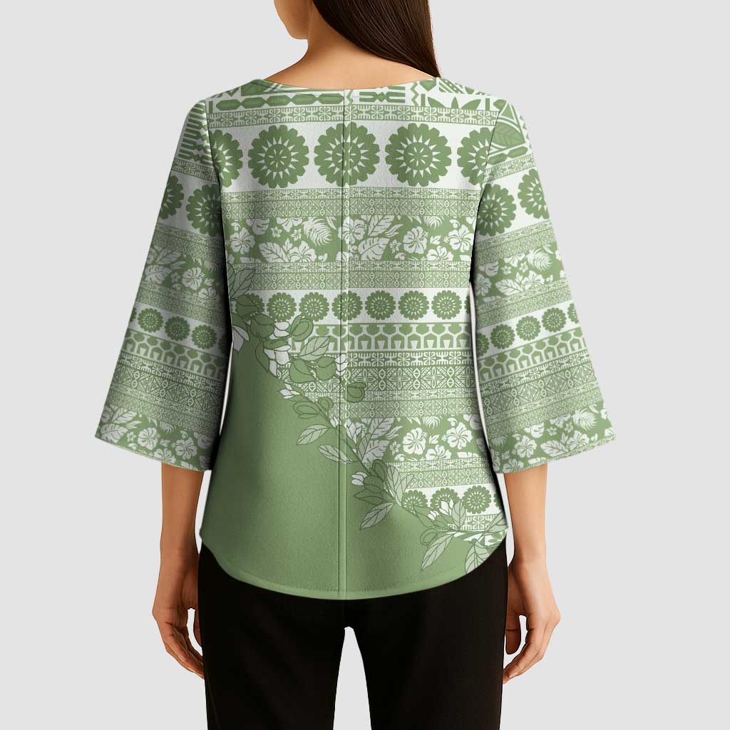 Fiji Marau na Kerisimasi Kimono Sleeve Blouse Sage Green Tagimoucia Tapa Masi Tribal LT9 - Polynesian Pride