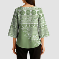 Fiji Marau na Kerisimasi Kimono Sleeve Blouse Sage Green Tagimoucia Tapa Masi Tribal LT9 - Polynesian Pride