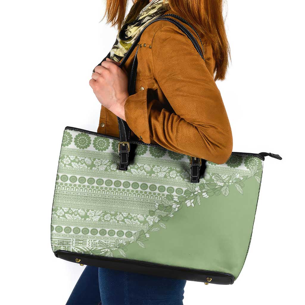 Fiji Marau na Kerisimasi Leather Tote Bag Sage Green Tagimoucia Tapa Masi Tribal LT9 Green - Polynesian Pride
