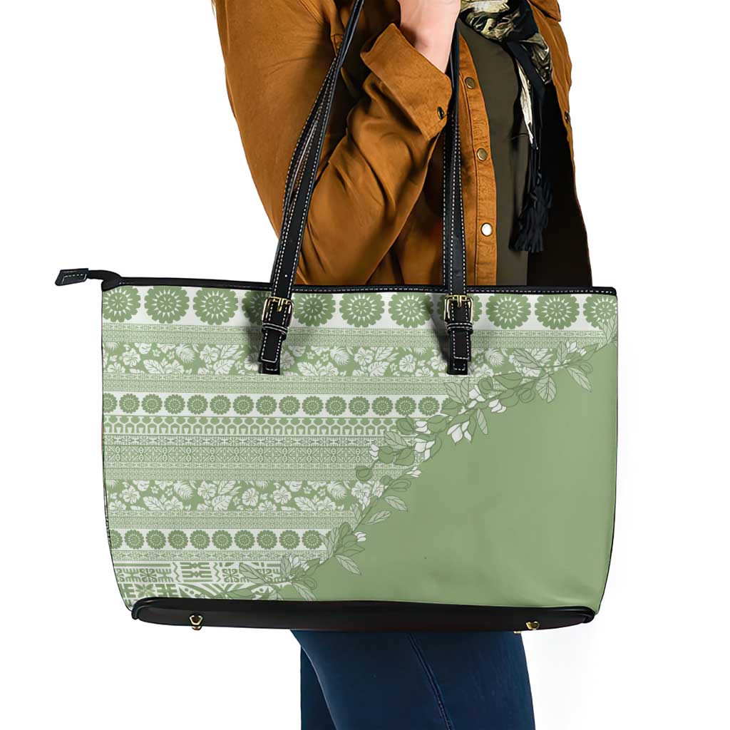 Fiji Marau na Kerisimasi Leather Tote Bag Sage Green Tagimoucia Tapa Masi Tribal LT9 - Polynesian Pride