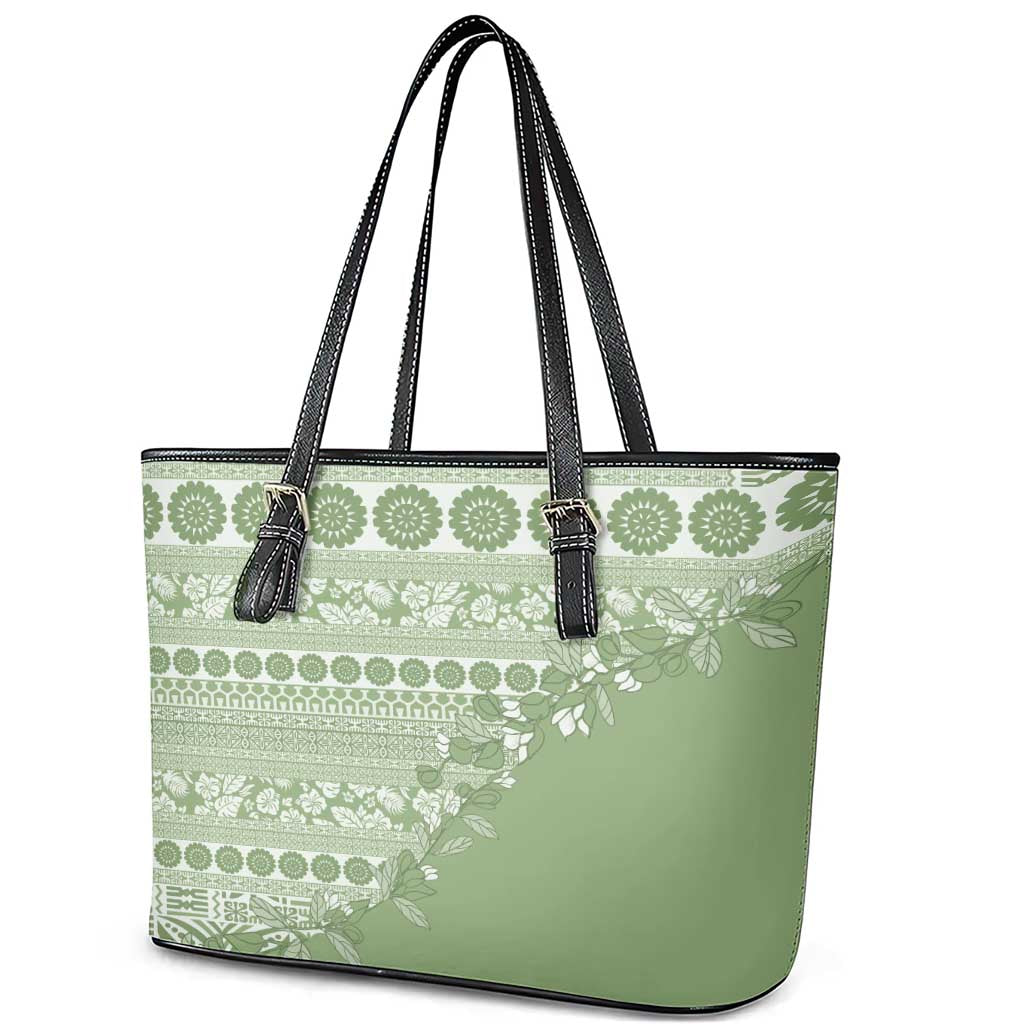 Fiji Marau na Kerisimasi Leather Tote Bag Sage Green Tagimoucia Tapa Masi Tribal LT9 - Polynesian Pride