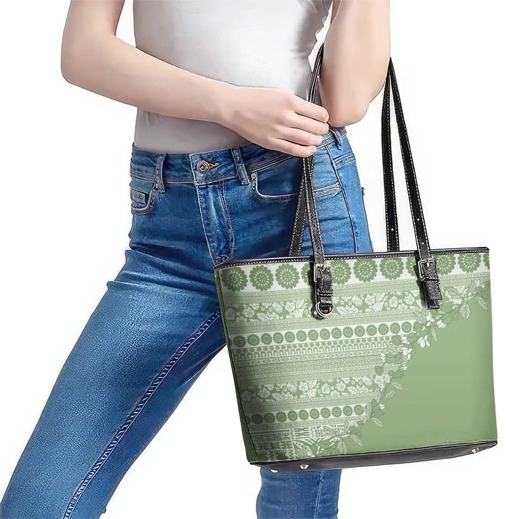 Fiji Marau na Kerisimasi Leather Tote Bag Sage Green Tagimoucia Tapa Masi Tribal LT9 - Polynesian Pride