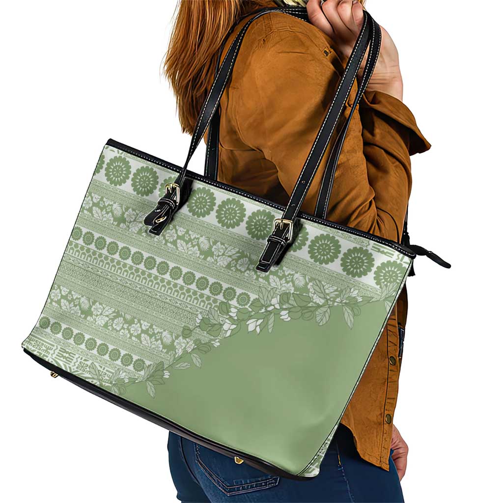 Fiji Marau na Kerisimasi Leather Tote Bag Sage Green Tagimoucia Tapa Masi Tribal LT9 - Polynesian Pride