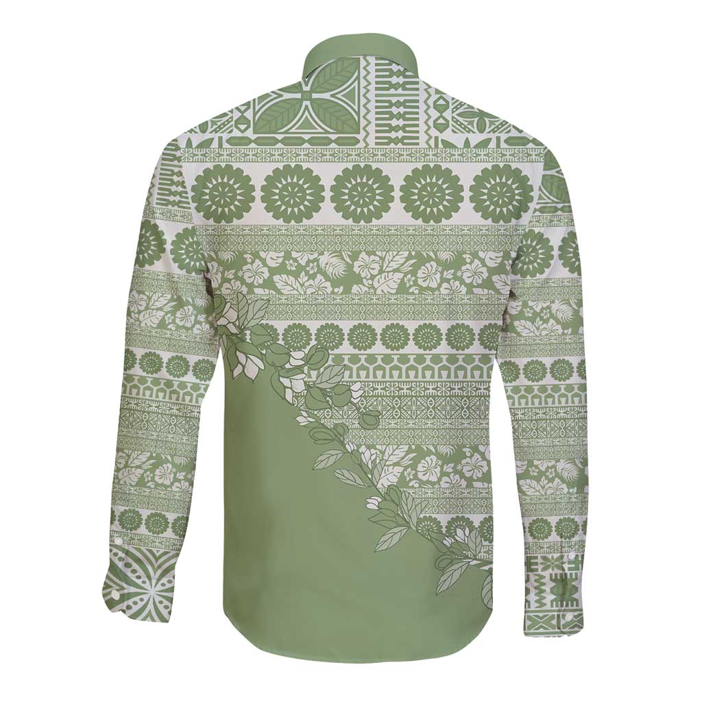 Fiji Marau na Kerisimasi Long Sleeve Button Shirt Sage Green Tagimoucia Tapa Masi Tribal LT9 - Polynesian Pride