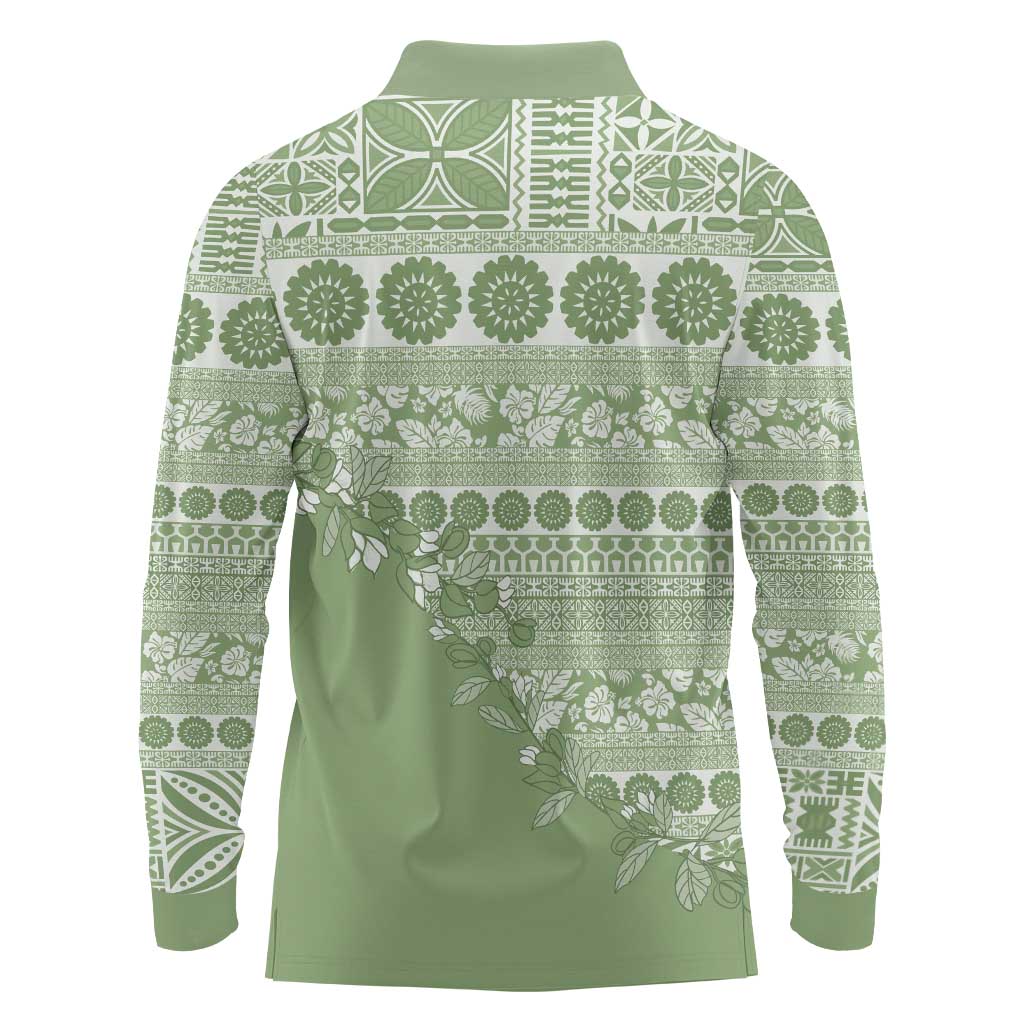 Fiji Marau na Kerisimasi Long Sleeve Polo Shirt Sage Green Tagimoucia Tapa Masi Tribal LT9 - Polynesian Pride