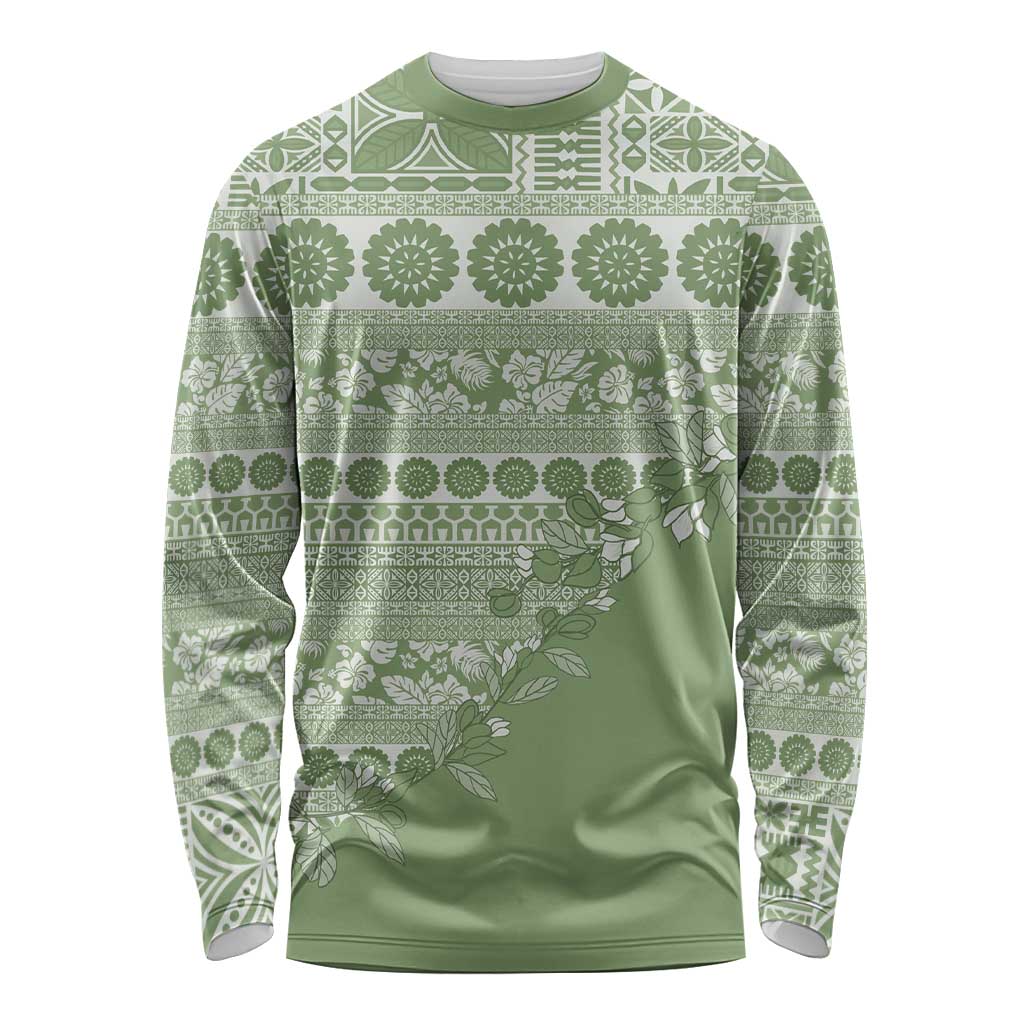 Fiji Marau na Kerisimasi Long Sleeve Shirt Sage Green Tagimoucia Tapa Masi Tribal LT9 Unisex Green - Polynesian Pride