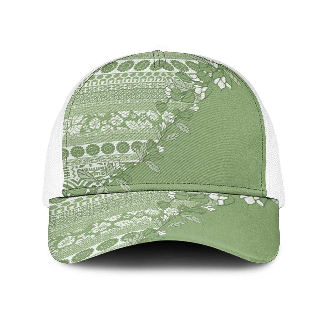 Fiji Marau na Kerisimasi Mesh Trucker Cap Sage Green Tagimoucia Tapa Masi Tribal - Polynesian Pride