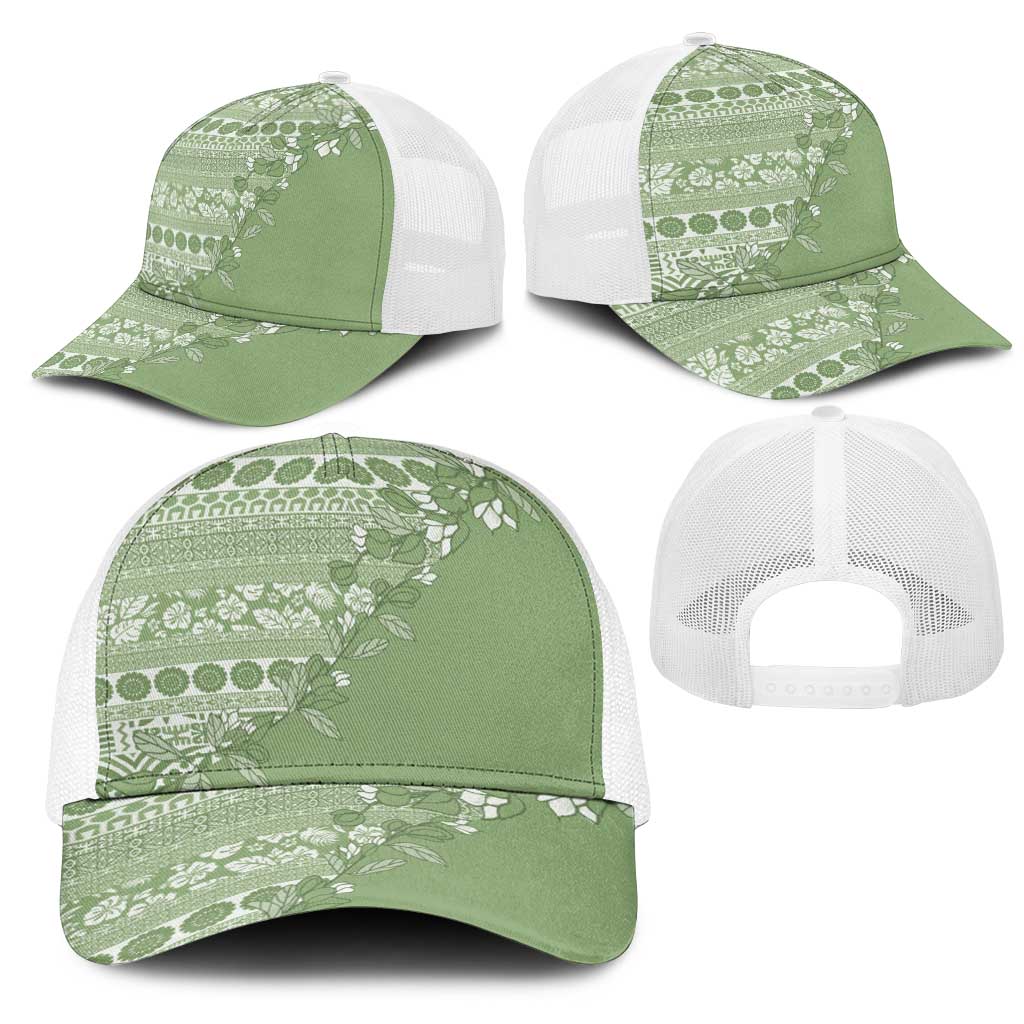 Fiji Marau na Kerisimasi Mesh Trucker Cap Sage Green Tagimoucia Tapa Masi Tribal LT9 - Polynesian Pride