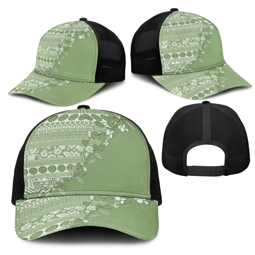 Fiji Marau na Kerisimasi Mesh Trucker Cap Sage Green Tagimoucia Tapa Masi Tribal LT9 - Polynesian Pride
