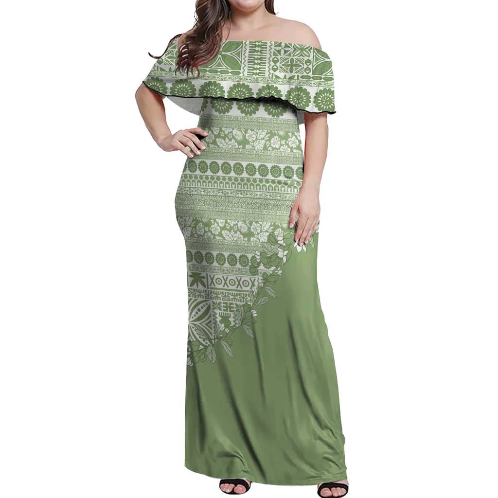 Fiji Marau na Kerisimasi Off Shoulder Maxi Dress Sage Green Tagimoucia Tapa Masi Tribal LT9 Women Green - Polynesian Pride