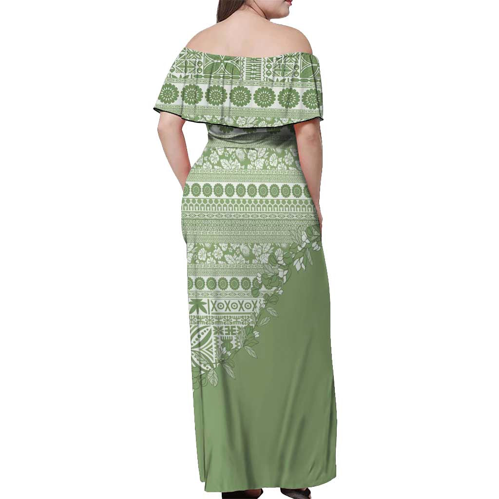 Fiji Marau na Kerisimasi Off Shoulder Maxi Dress Sage Green Tagimoucia Tapa Masi Tribal LT9 - Polynesian Pride