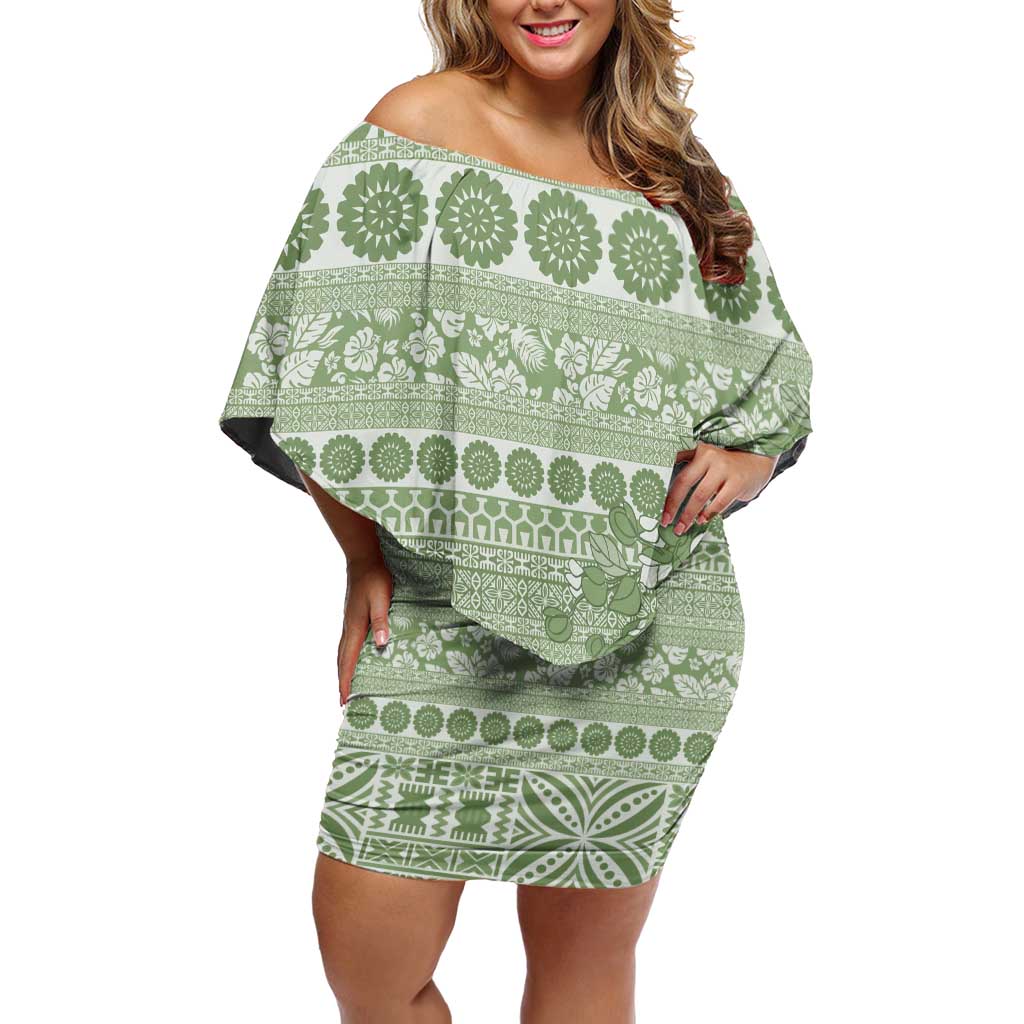 Fiji Marau na Kerisimasi Off Shoulder Short Dress Sage Green Tagimoucia Tapa Masi Tribal LT9 Women Green - Polynesian Pride