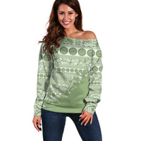 Fiji Marau na Kerisimasi Off Shoulder Sweater Sage Green Tagimoucia Tapa Masi Tribal LT9 Women Green - Polynesian Pride