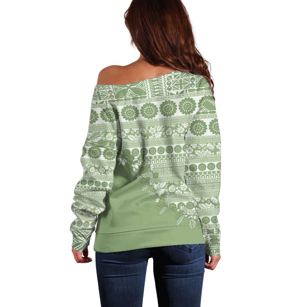 Fiji Marau na Kerisimasi Off Shoulder Sweater Sage Green Tagimoucia Tapa Masi Tribal LT9 - Polynesian Pride
