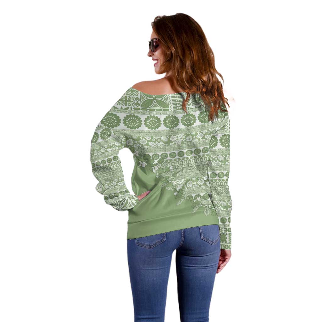 Fiji Marau na Kerisimasi Off Shoulder Sweater Sage Green Tagimoucia Tapa Masi Tribal LT9 - Polynesian Pride