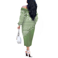 Fiji Marau na Kerisimasi Off The Shoulder Long Sleeve Dress Sage Green Tagimoucia Tapa Masi Tribal LT9 - Polynesian Pride