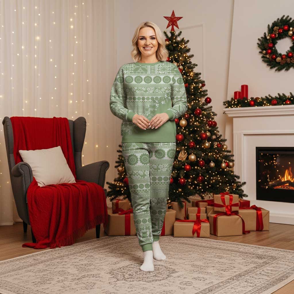 Fiji Marau na Kerisimasi Christmas Pajama Set Sage Green Tagimoucia Tapa Masi Tribal LT9 Women Green - Polynesian Pride