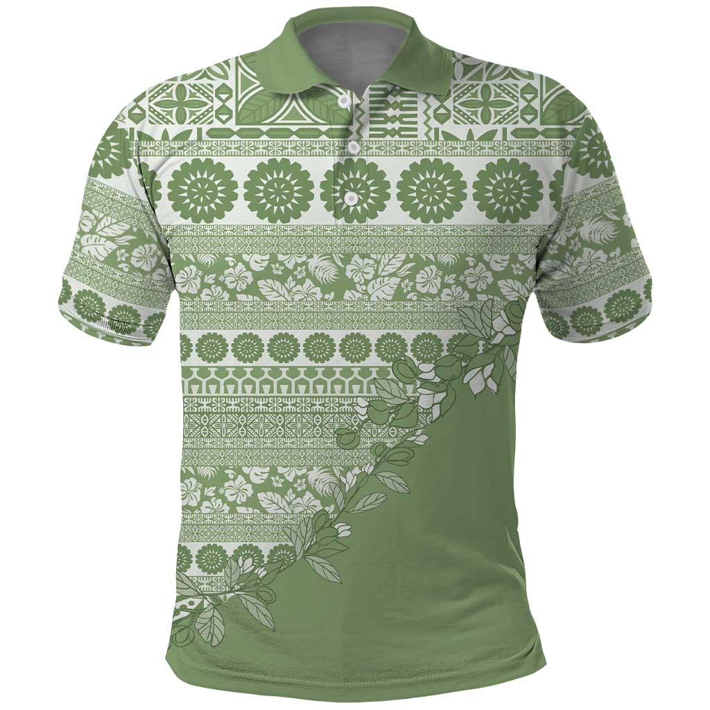 Fiji Marau na Kerisimasi Polo Shirt Sage Green Tagimoucia Tapa Masi Tribal LT9 Green - Polynesian Pride