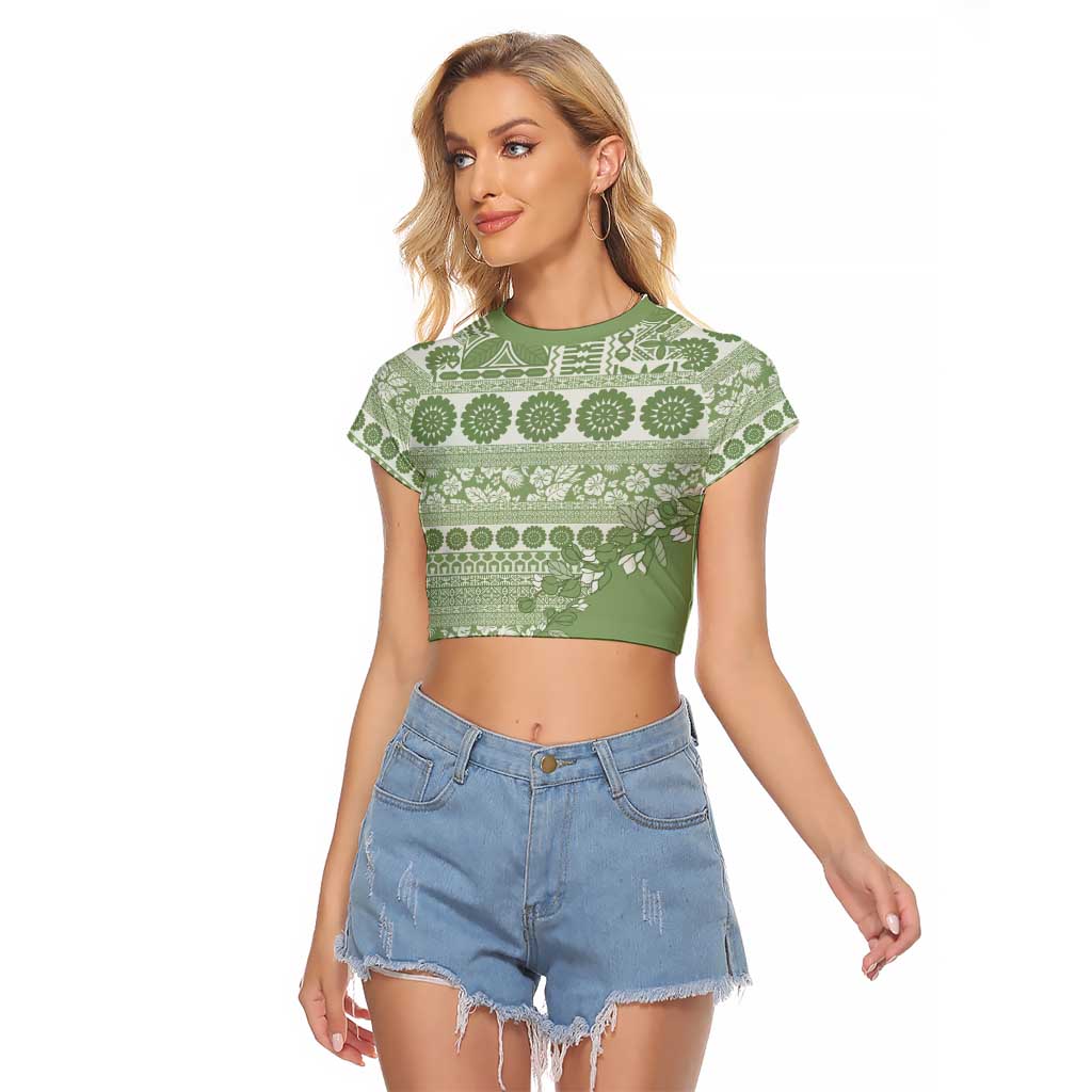 Fiji Marau na Kerisimasi Raglan Cropped T Shirt Sage Green Tagimoucia Tapa Masi Tribal - Polynesian Pride