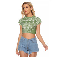 Fiji Marau na Kerisimasi Raglan Cropped T Shirt Sage Green Tagimoucia Tapa Masi Tribal LT9 Female Green - Polynesian Pride