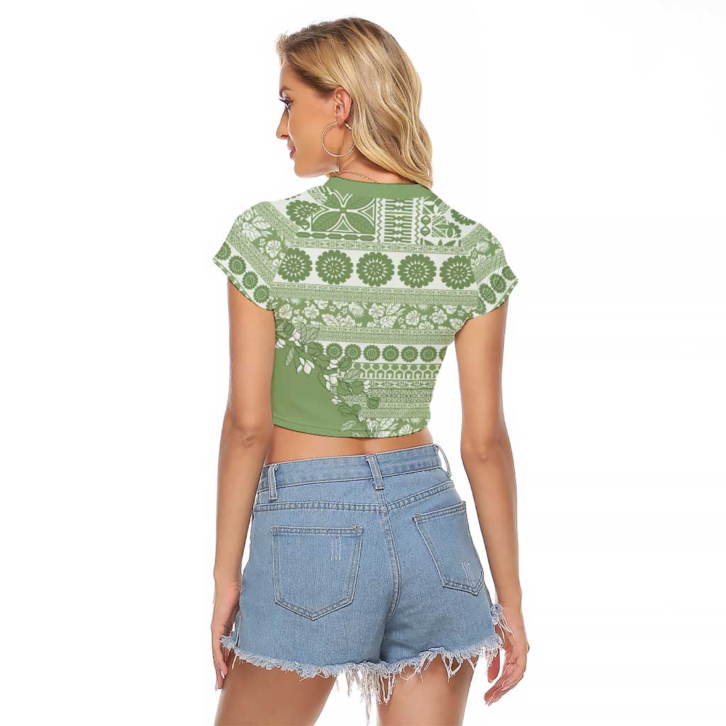 Fiji Marau na Kerisimasi Raglan Cropped T Shirt Sage Green Tagimoucia Tapa Masi Tribal LT9 - Polynesian Pride