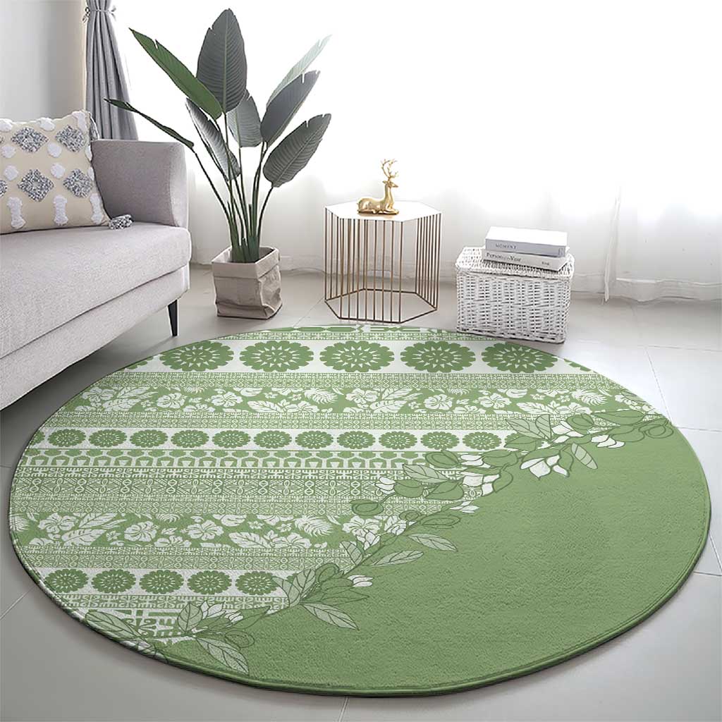 Fiji Marau na Kerisimasi Round Carpet Sage Green Tagimoucia Tapa Masi Tribal LT9 - Polynesian Pride
