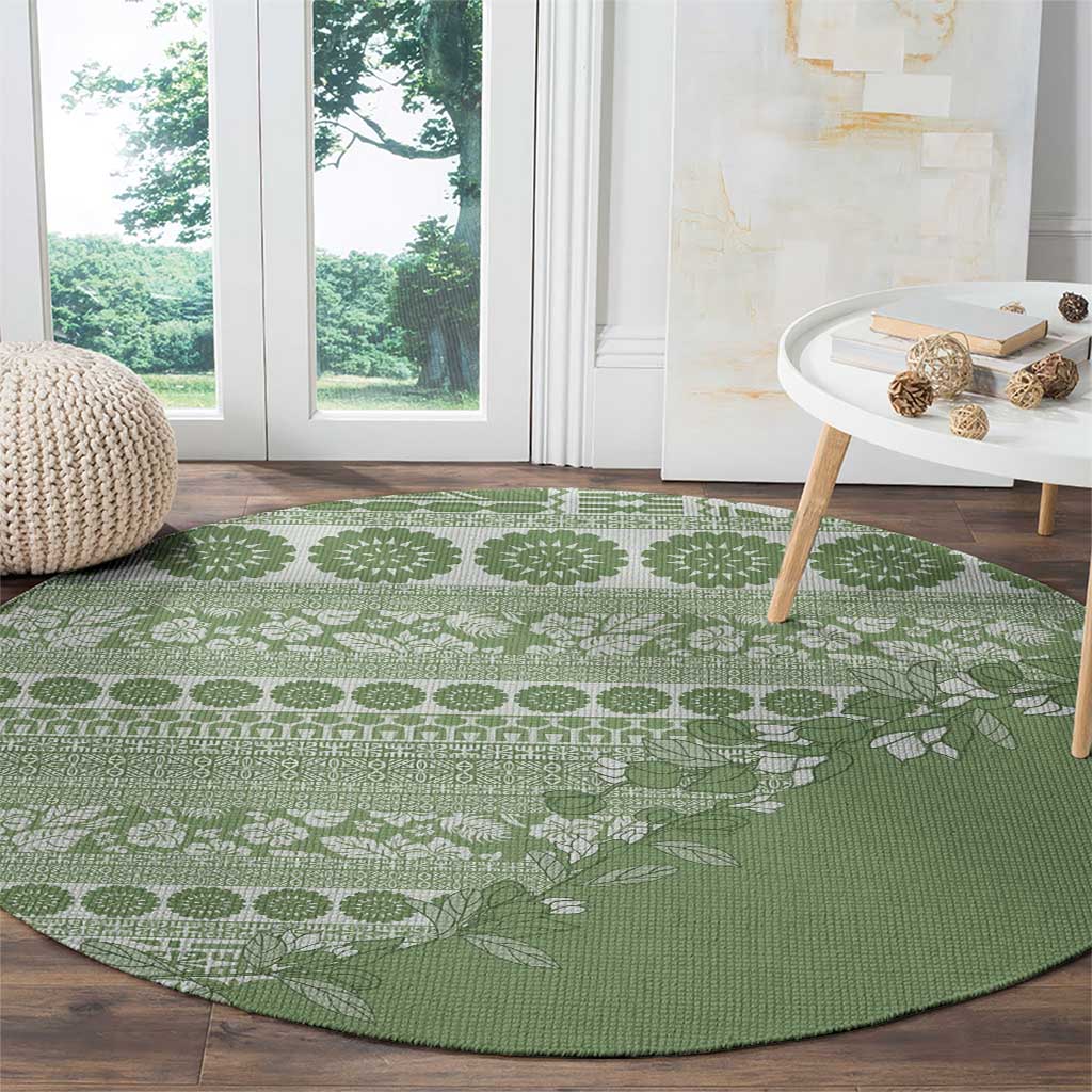 Fiji Marau na Kerisimasi Round Carpet Sage Green Tagimoucia Tapa Masi Tribal LT9 - Polynesian Pride