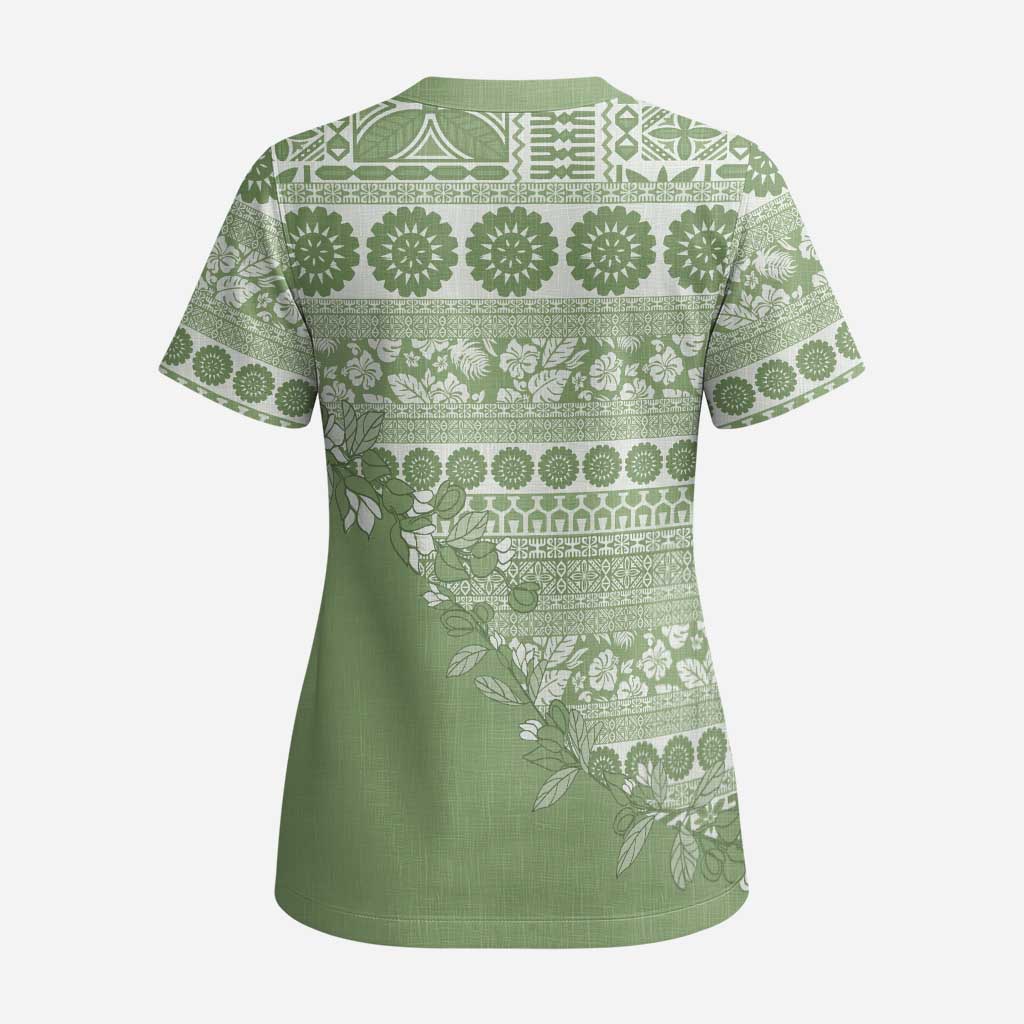 Fiji Marau na Kerisimasi Scrub Top Sage Green Tagimoucia Tapa Masi Tribal LT9 - Polynesian Pride