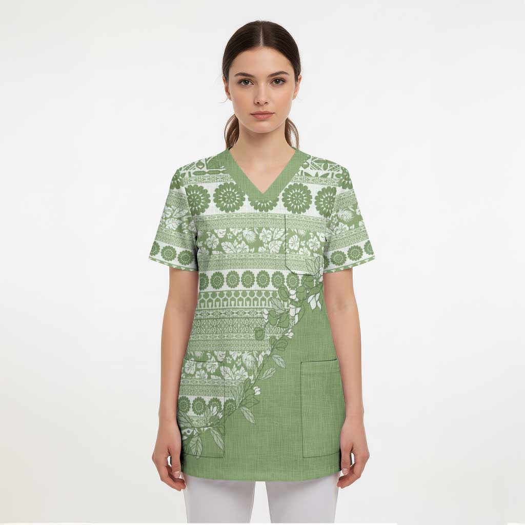 Fiji Marau na Kerisimasi Scrub Top Sage Green Tagimoucia Tapa Masi Tribal LT9 - Polynesian Pride
