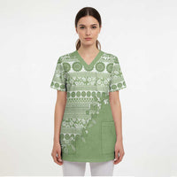 Fiji Marau na Kerisimasi Scrub Top Sage Green Tagimoucia Tapa Masi Tribal LT9 - Polynesian Pride
