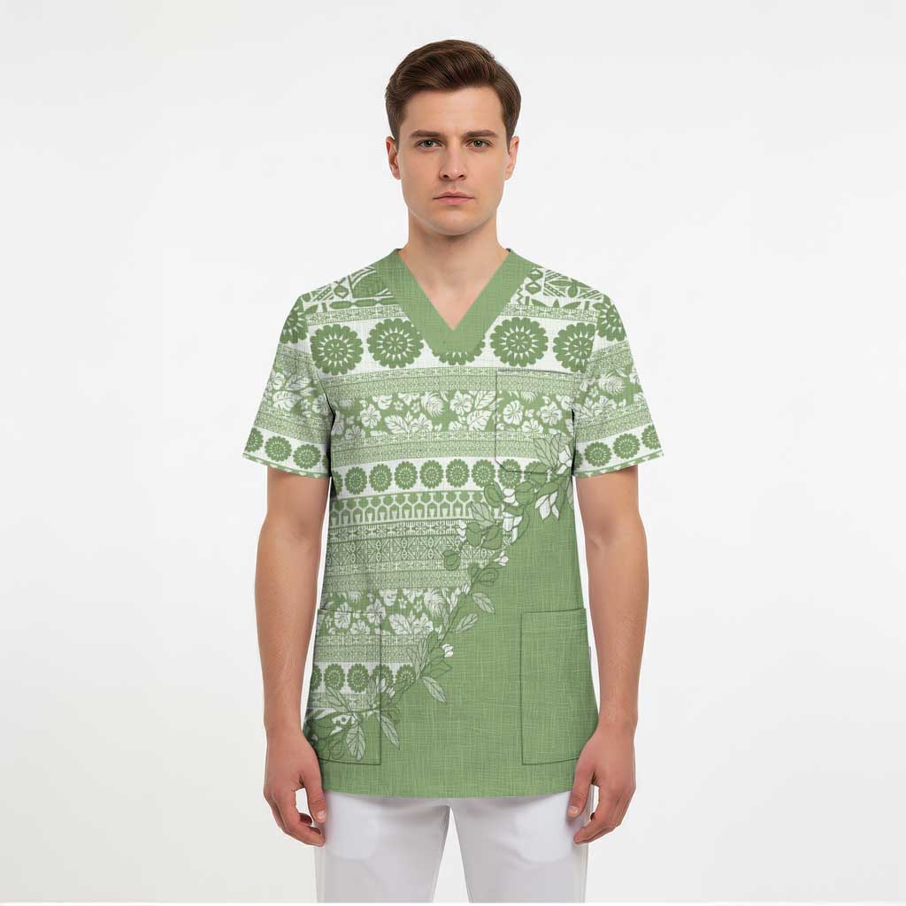 Fiji Marau na Kerisimasi Scrub Top Sage Green Tagimoucia Tapa Masi Tribal LT9 - Polynesian Pride