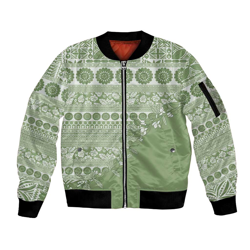 Fiji Marau na Kerisimasi Sleeve Zip Bomber Jacket Sage Green Tagimoucia Tapa Masi Tribal LT9 Unisex Green - Polynesian Pride