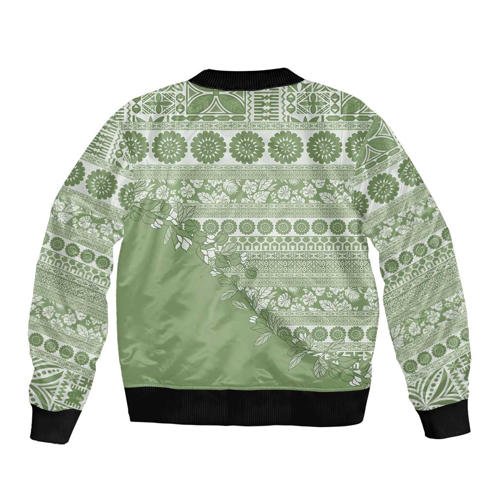 Fiji Marau na Kerisimasi Sleeve Zip Bomber Jacket Sage Green Tagimoucia Tapa Masi Tribal LT9 - Polynesian Pride