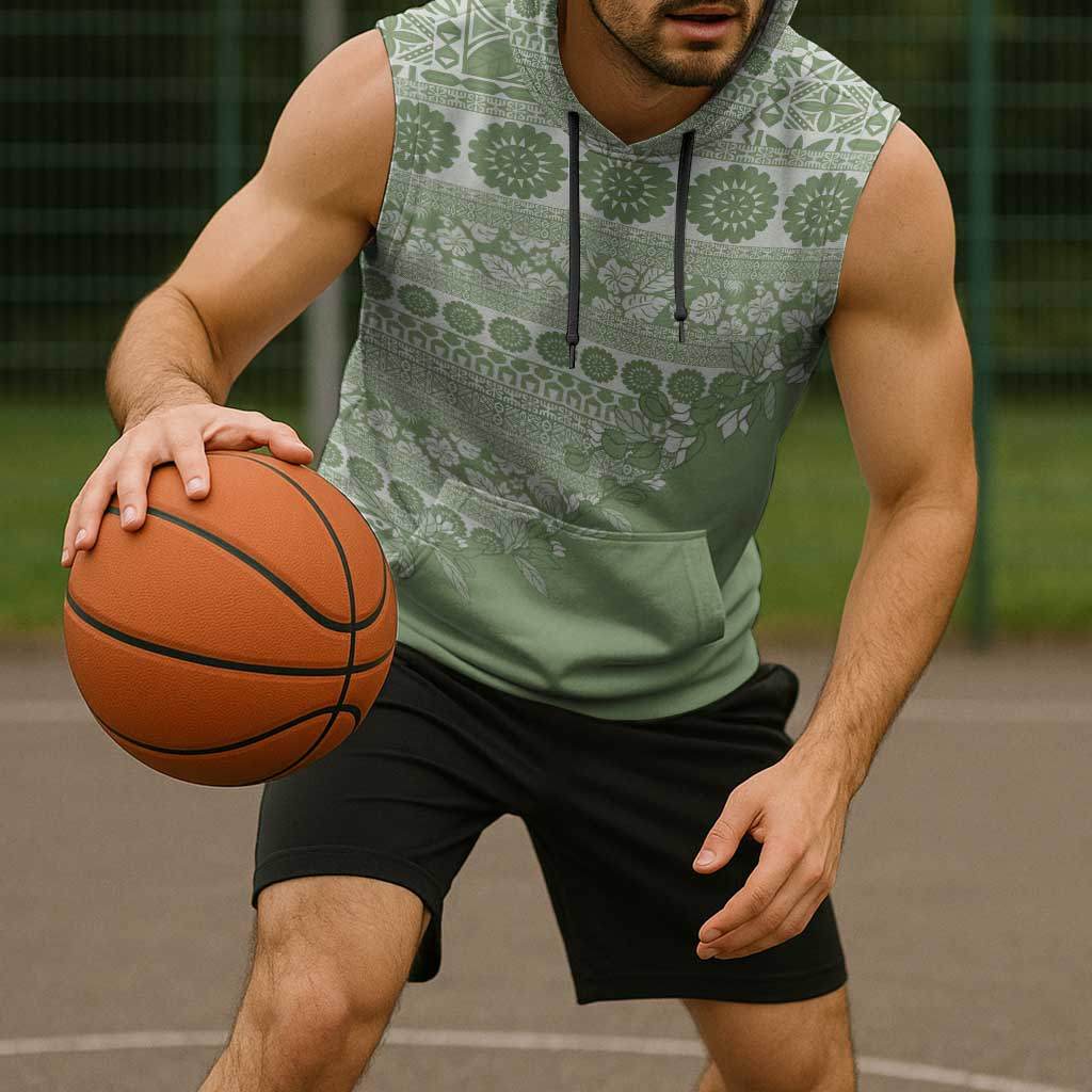 Fiji Marau na Kerisimasi Sleeveless Hoodie Sage Green Tagimoucia Tapa Masi Tribal LT9 - Polynesian Pride