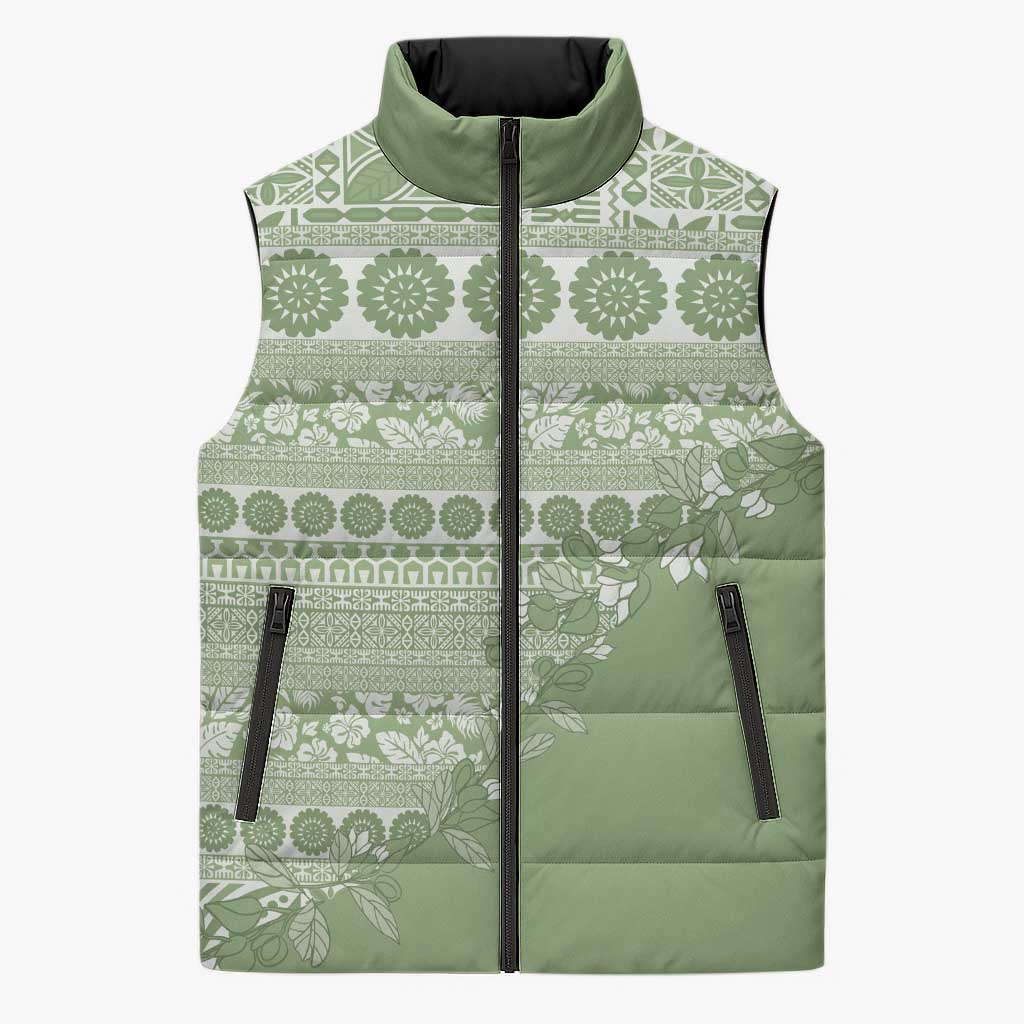 Fiji Marau na Kerisimasi Sleeveless Puffer Jacket Sage Green Tagimoucia Tapa Masi Tribal LT9 Unisex Green - Polynesian Pride