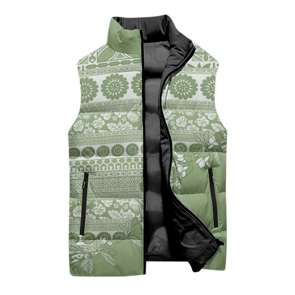 Fiji Marau na Kerisimasi Sleeveless Puffer Jacket Sage Green Tagimoucia Tapa Masi Tribal LT9 - Polynesian Pride