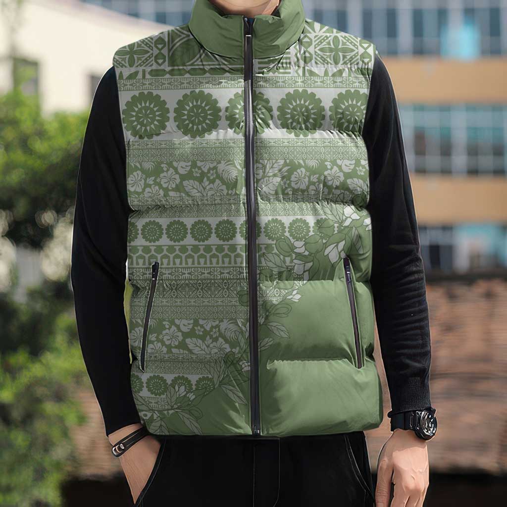 Fiji Marau na Kerisimasi Sleeveless Puffer Jacket Sage Green Tagimoucia Tapa Masi Tribal LT9 - Polynesian Pride