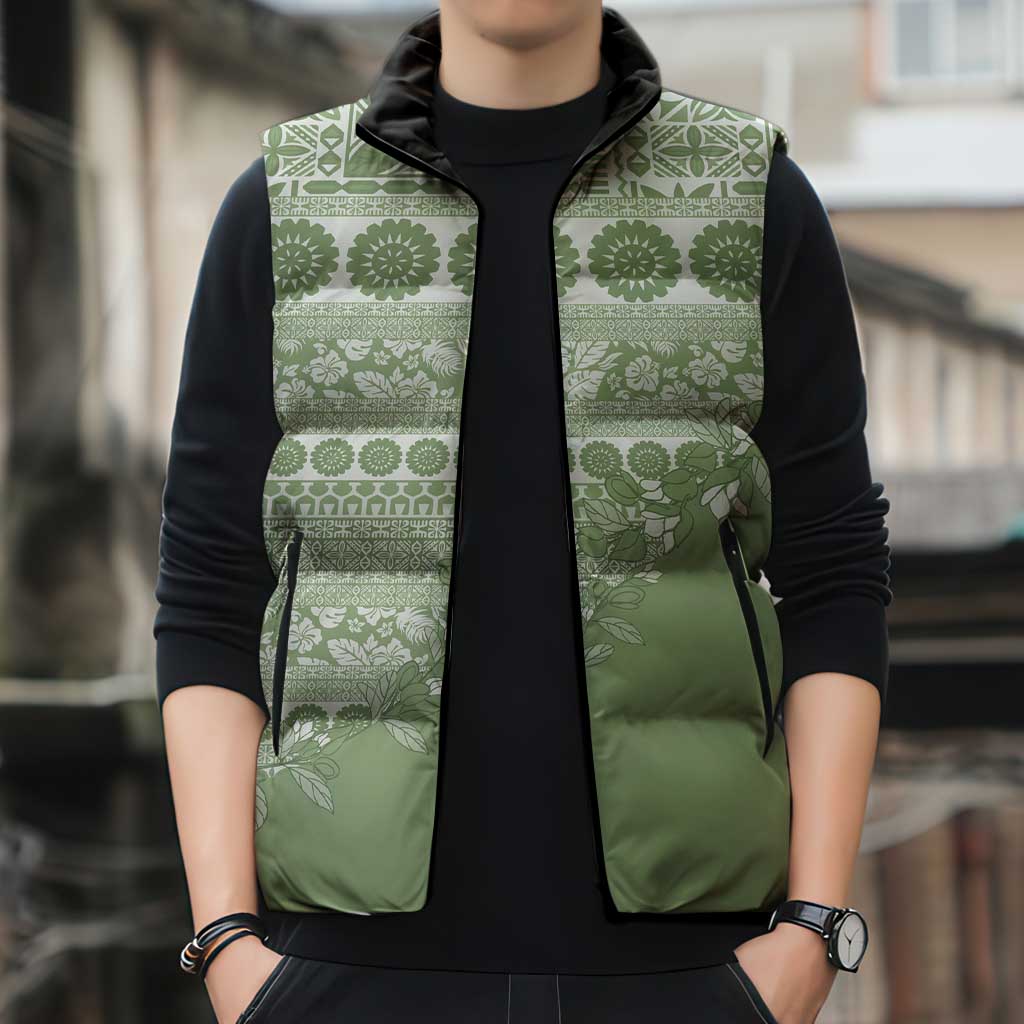 Fiji Marau na Kerisimasi Sleeveless Puffer Jacket Sage Green Tagimoucia Tapa Masi Tribal LT9 - Polynesian Pride