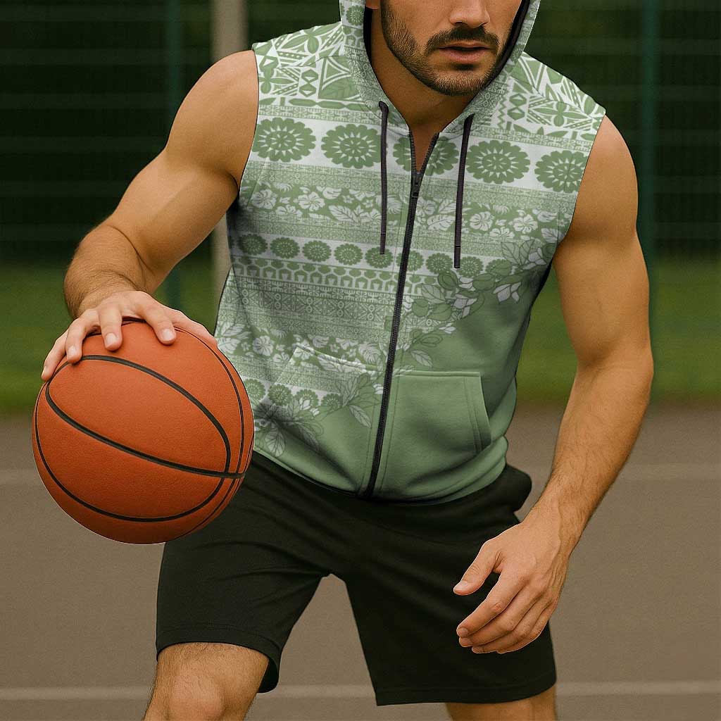 Fiji Marau na Kerisimasi Sleeveless Zip Hoodie Sage Green Tagimoucia Tapa Masi Tribal LT9 - Polynesian Pride