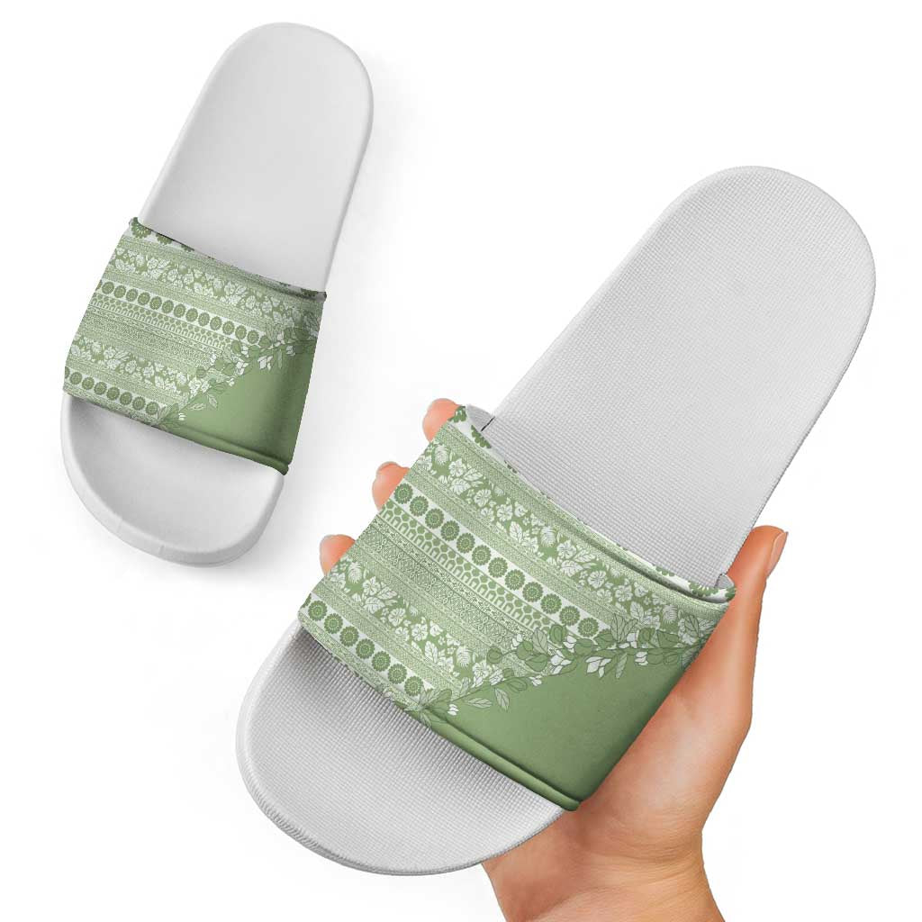 Fiji Marau na Kerisimasi Slide Sandals Sage Green Tagimoucia Tapa Masi Tribal LT9 - Polynesian Pride