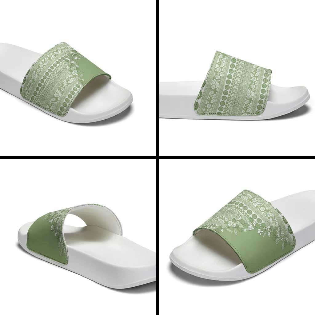 Fiji Marau na Kerisimasi Slide Sandals Sage Green Tagimoucia Tapa Masi Tribal LT9 - Polynesian Pride