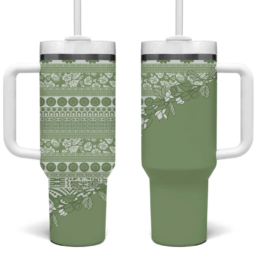 Fiji Marau na Kerisimasi Tumbler With Handle Sage Green Tagimoucia Tapa Masi Tribal LT9 One Size: 40 oz Green - Polynesian Pride