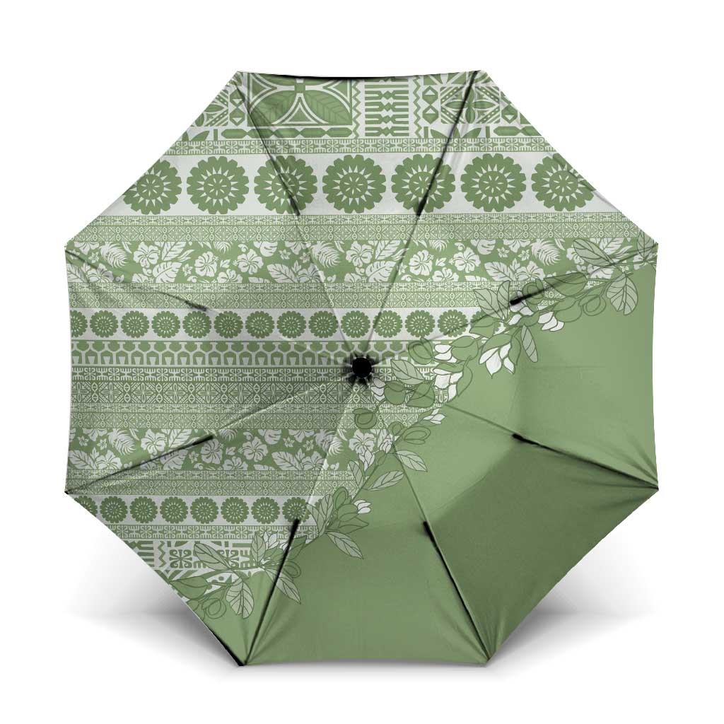 Fiji Marau na Kerisimasi Umbrella Sage Green Tagimoucia Tapa Masi Tribal LT9 One Size Folded 11.42 inch Opened Diameter 37.4 inch Green - Polynesian Pride