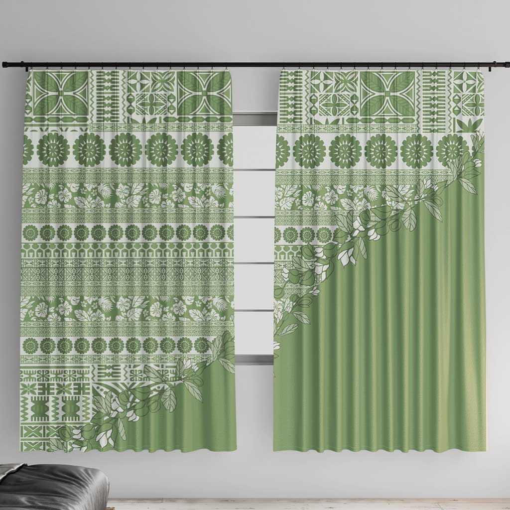 Fiji Marau na Kerisimasi Window Curtain Sage Green Tagimoucia Tapa Masi Tribal LT9 With Hooks Green - Polynesian Pride