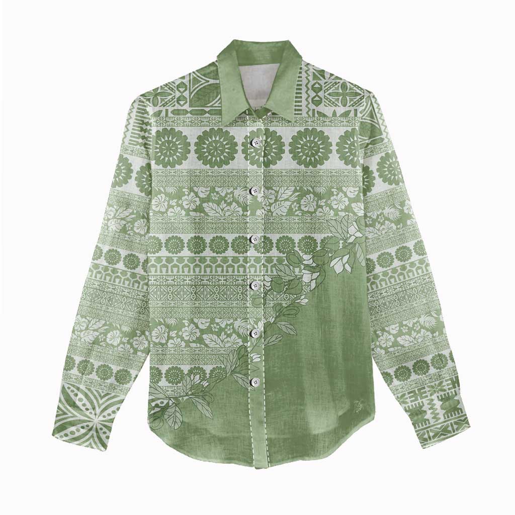 Fiji Marau na Kerisimasi Women Casual Shirt Sage Green Tagimoucia Tapa Masi Tribal - Polynesian Pride
