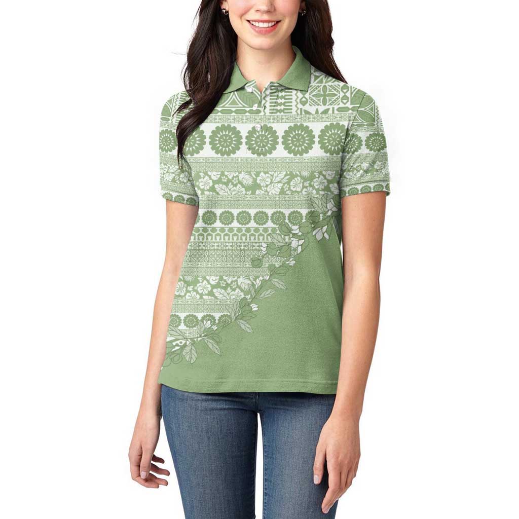 Fiji Marau na Kerisimasi Women Polo Shirt Sage Green Tagimoucia Tapa Masi Tribal - Polynesian Pride